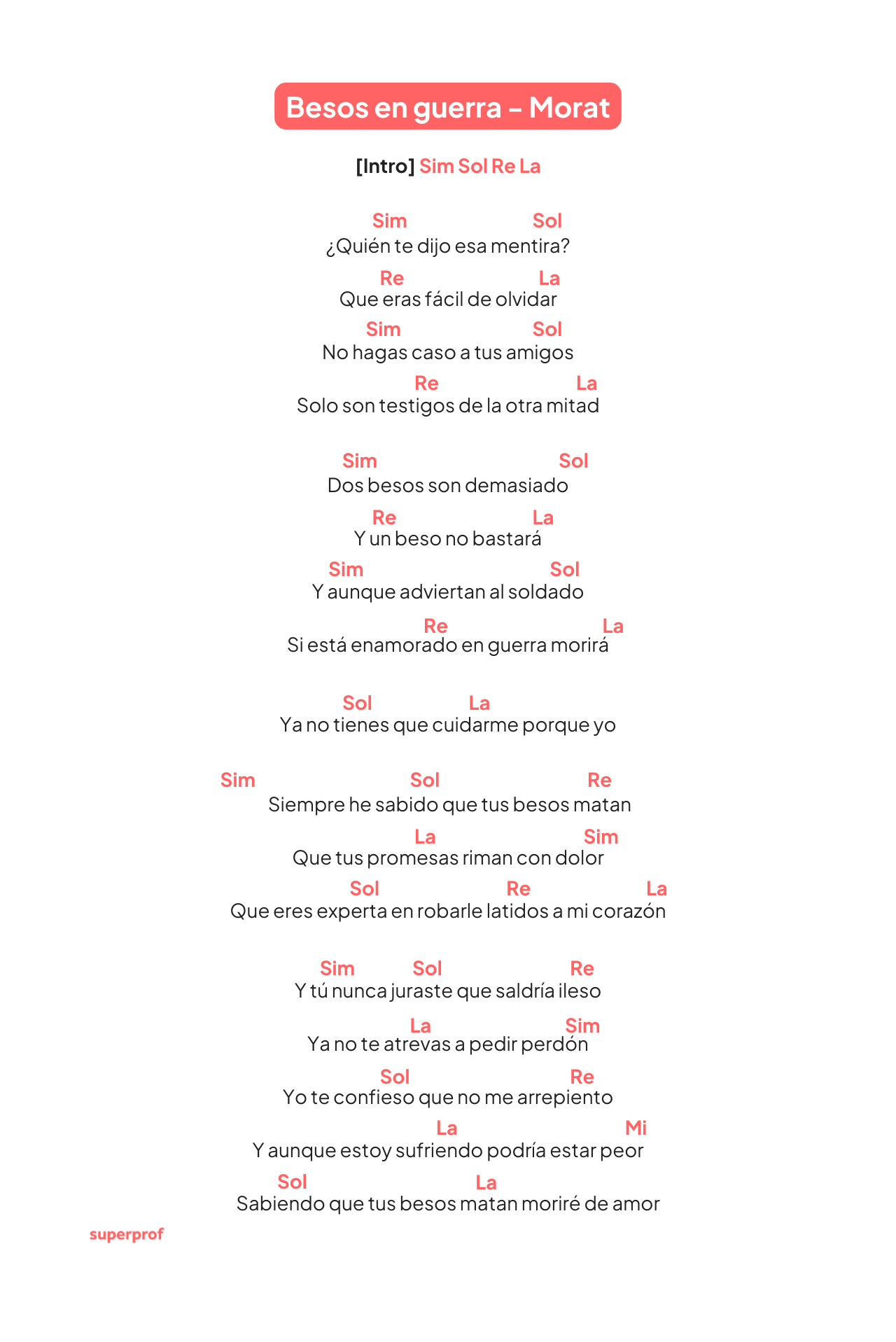 La letra de «Besos en guerra» de Morat se muestra en un formato colorido, con notas musicales y temas emocionales de amor y desamor.