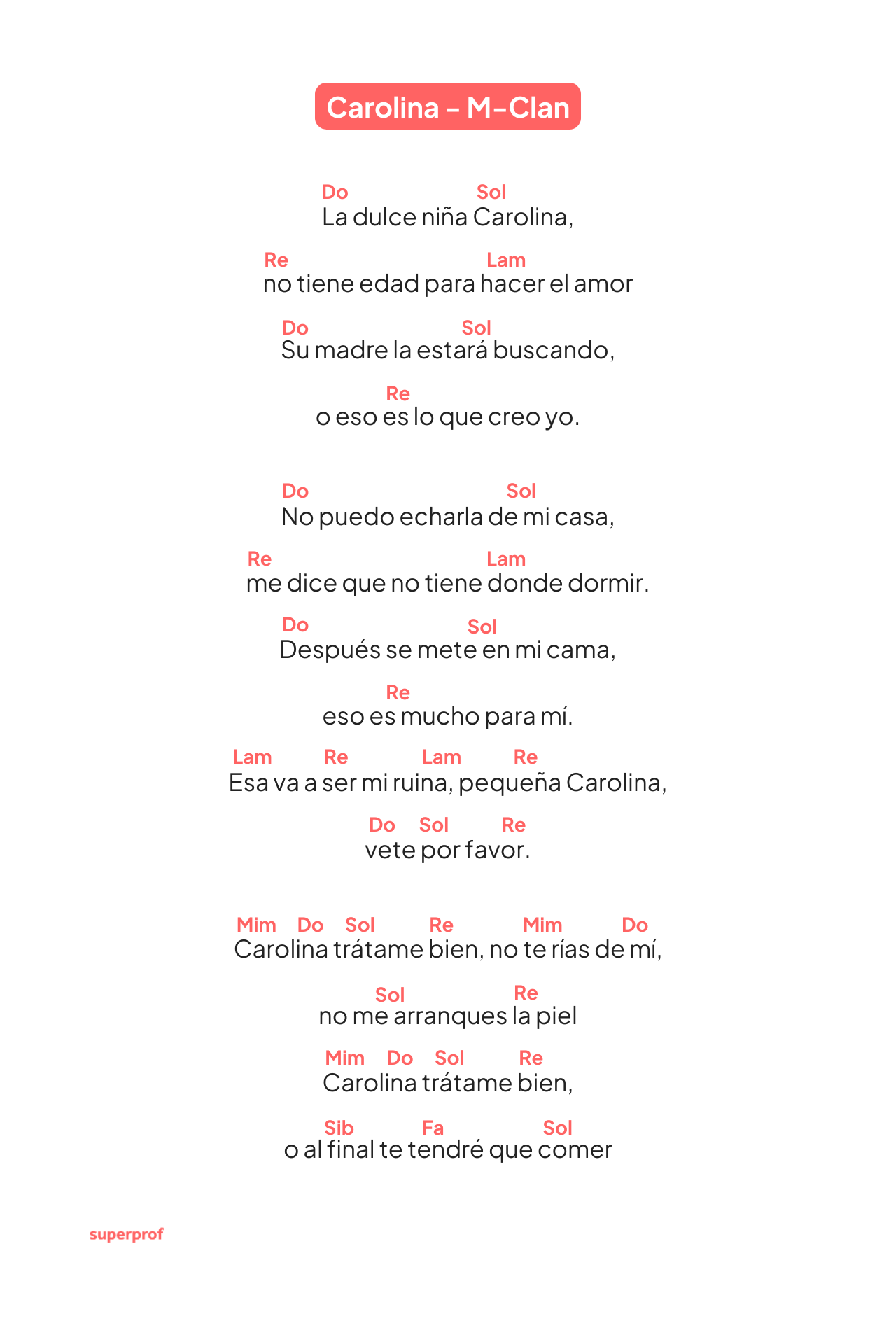 Texto de la canción «Carolina» de M-Clan, con acordes y letra sobre una joven llamada Carolina y emociones complejas.