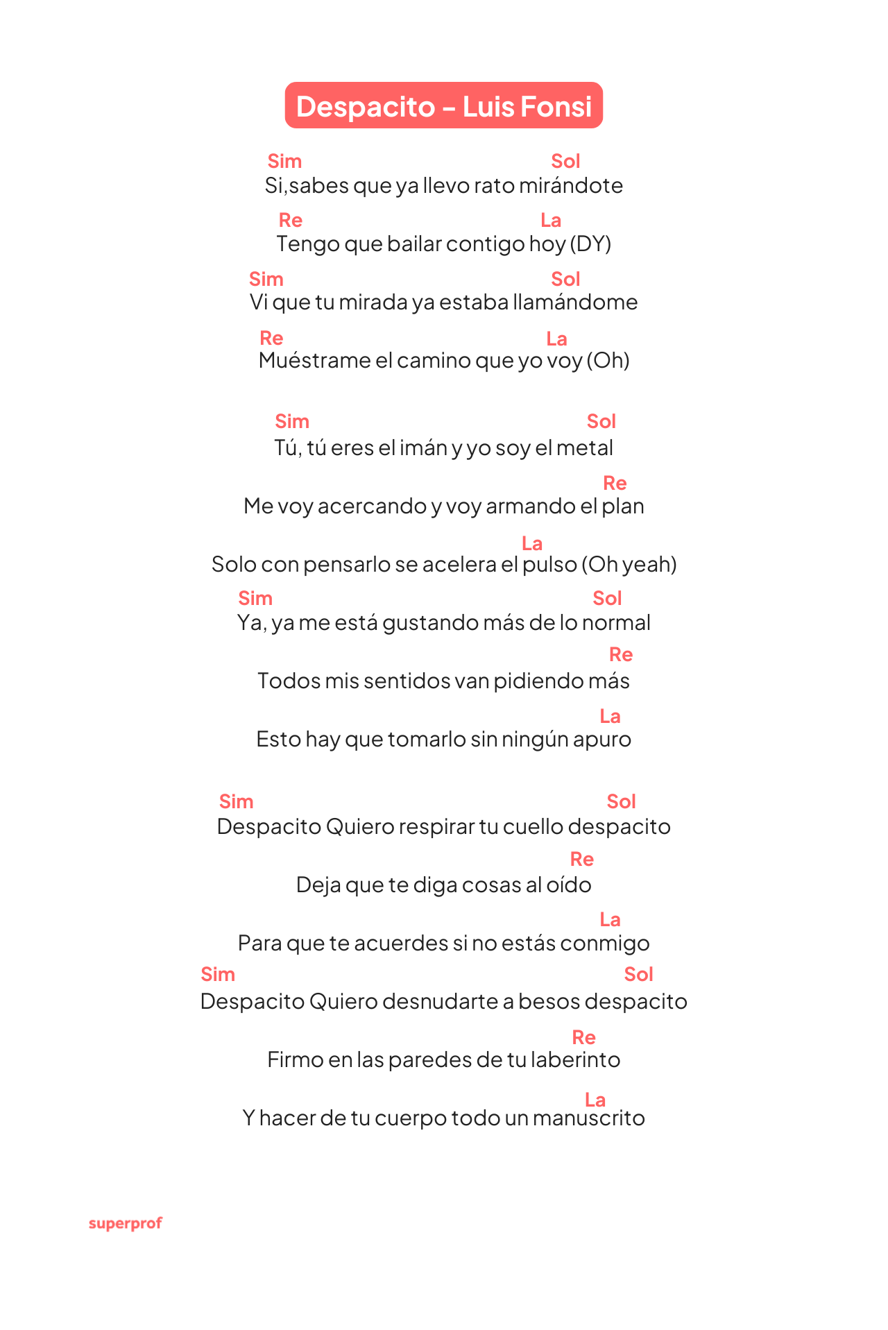 La imagen muestra la letra de la canción «Despacito» de Luis Fonsi, con anotaciones de acordes en formato de notación musical.