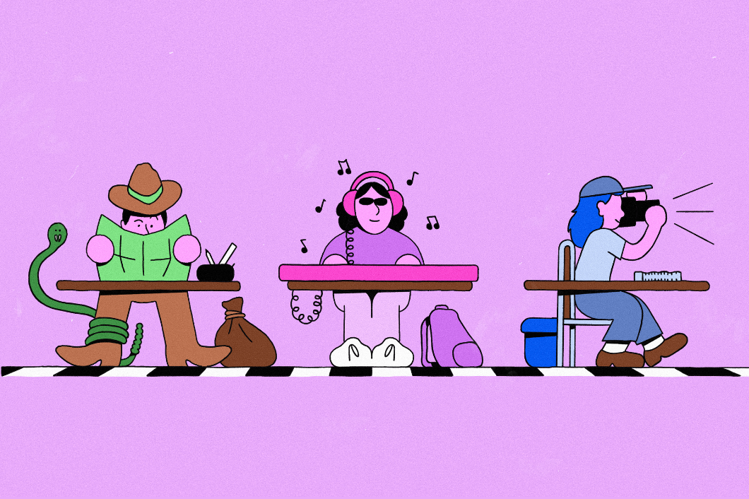 ilustracion que representa los tres tipos de aprendizaje: explorador, músico y fotógrafo