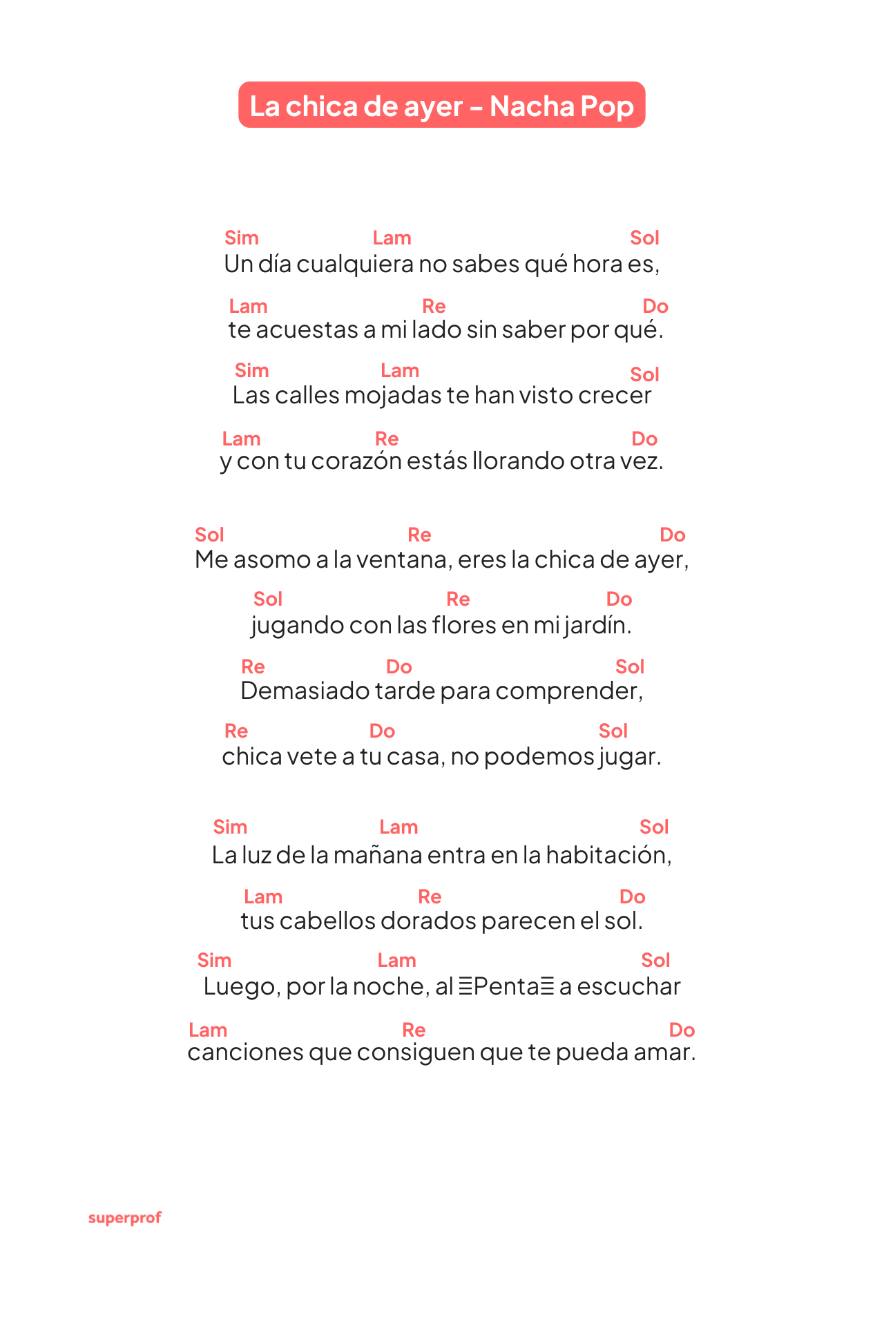 La imagen muestra la letra de «La chica de ayer» de Nacha Pop, destacando los temas emocionales y la notación musical.