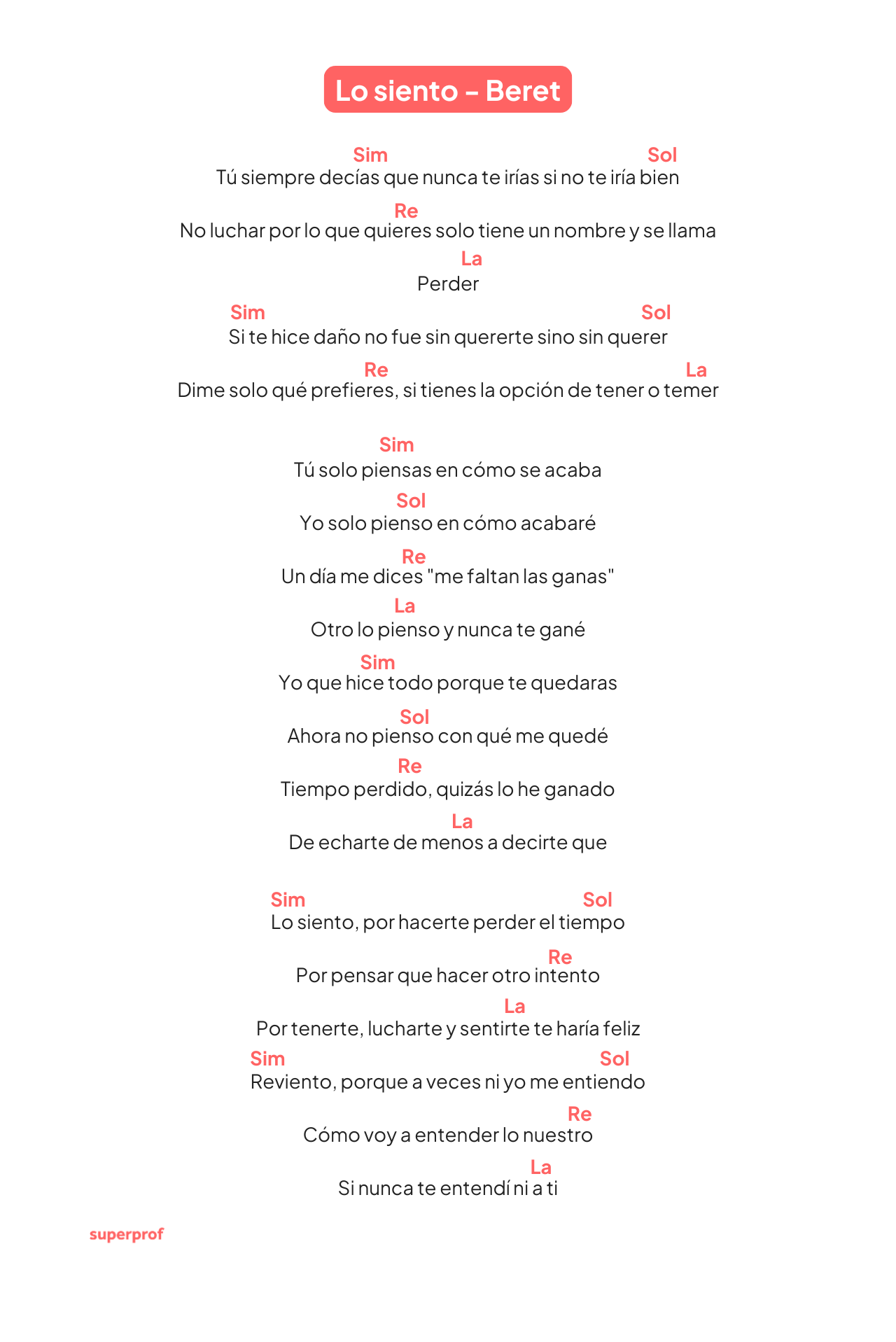Letra de «Lo siento» de Beret mostrada con notaciones musicales codificadas por colores para las distintas partes de la canción.