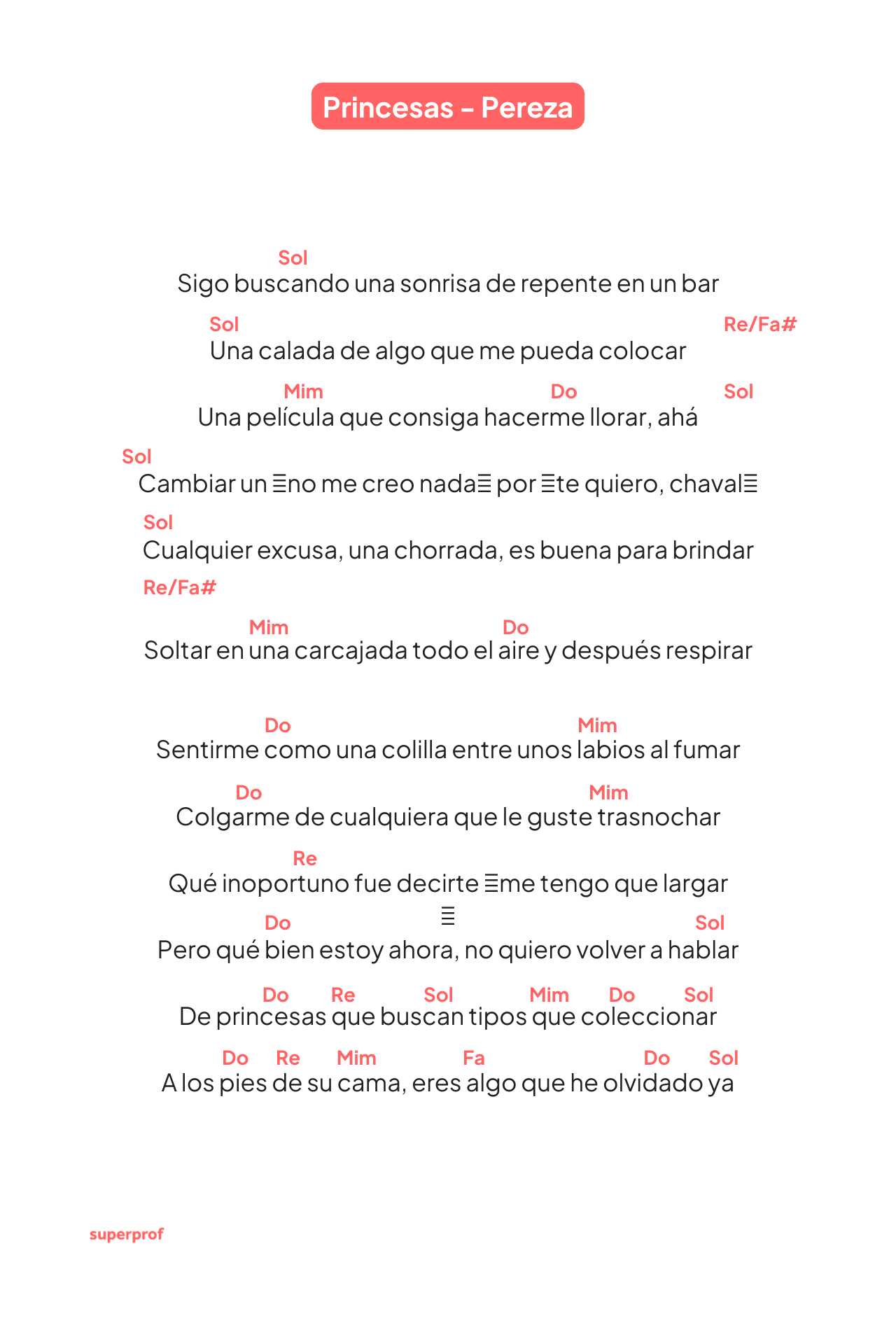 Letra de «Princesas» de Pereza, con acordes y una narración poética sobre la búsqueda de la conexión y la reflexión.