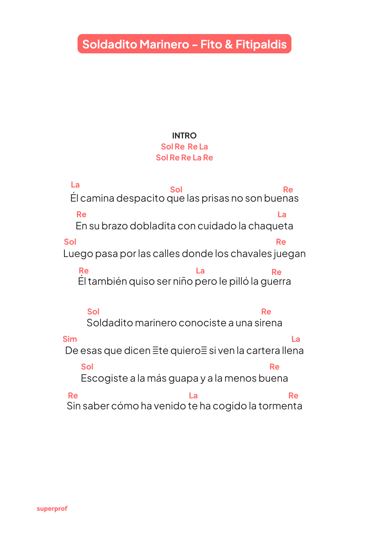 Letra de «Soldadito Marinero» de Fito & Fitipaldis mostrada en un formato estilizado con acordes sobre el texto.