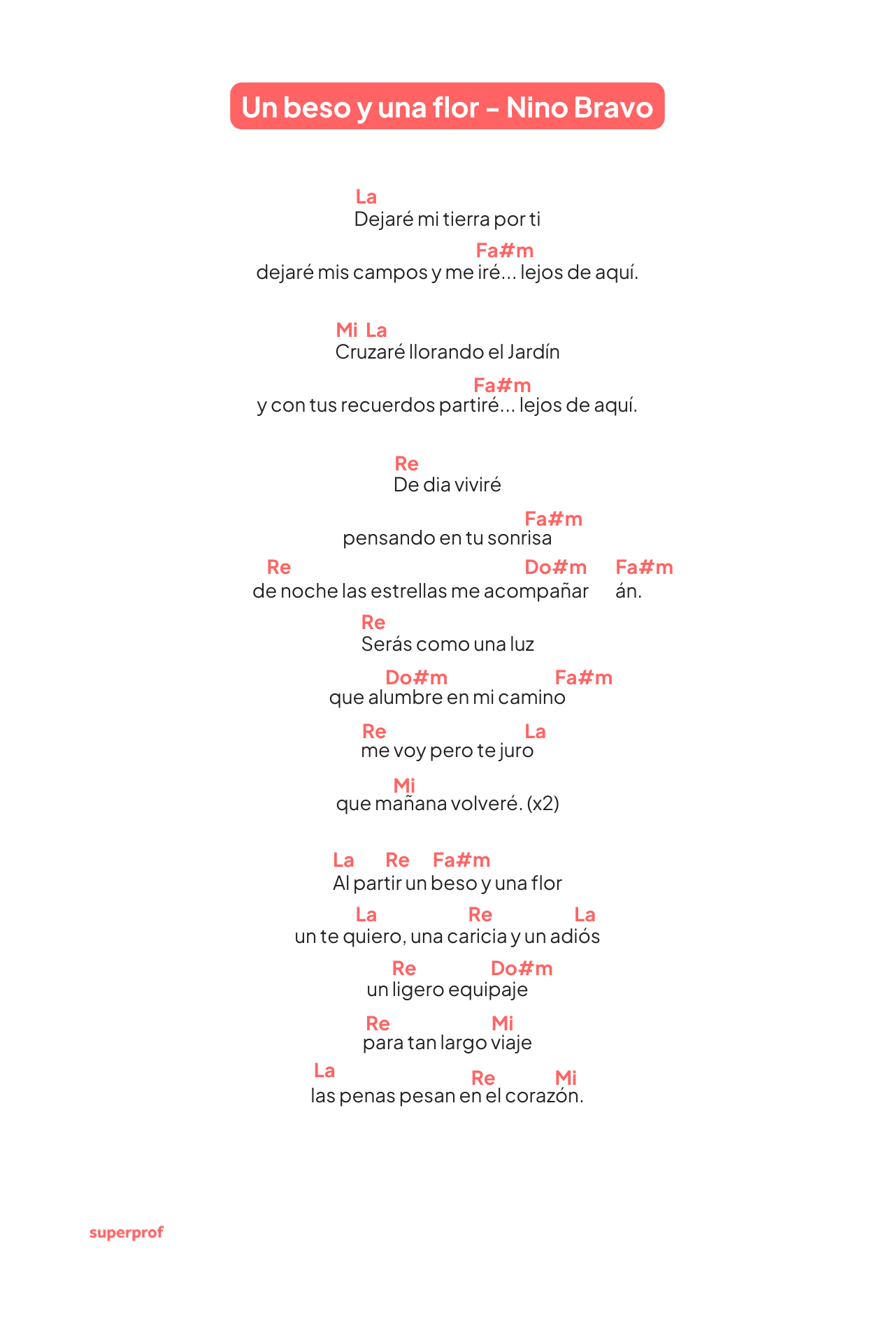 Partitura con letra de «Un beso y una flor» de Nino Bravo, con acordes y texto poético sobre el amor y la nostalgia.