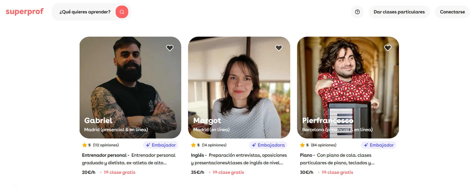 Ejemplos de perfiles de profesores de Superprof.