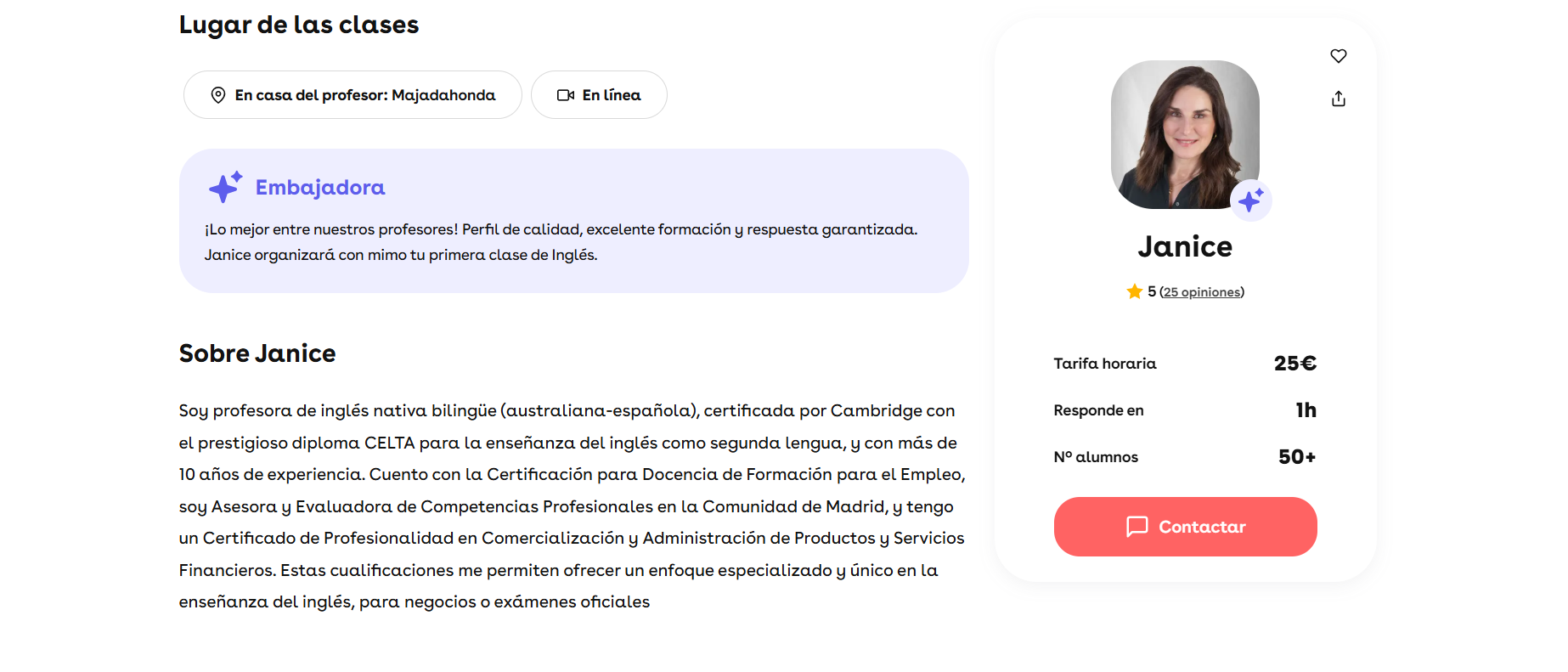 Ejemplo de un perfil completo en la plataforma Superprof.