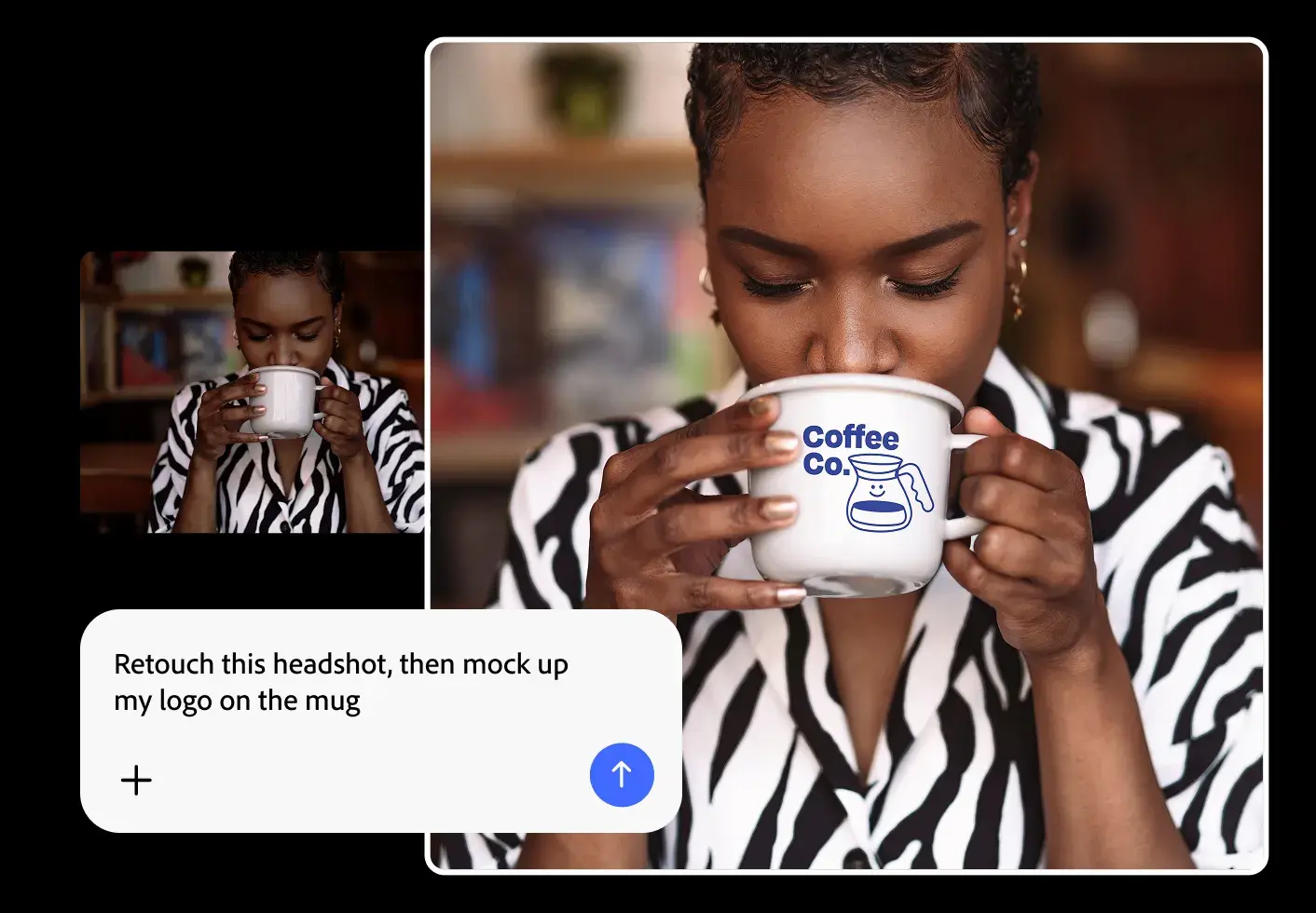 Una mujer con una camiseta a rayas de cebra que toma café de una taza blanca con el logotipo de «Coffee Co.» en el acogedor ambiente de una cafetería.