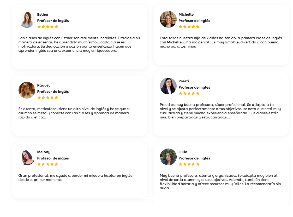Testimonios de seis profesores de inglés, cada uno acompañado de una calificación de cinco estrellas. Las descripciones destacan su profesionalidad, adaptabilidad y métodos de enseñanza eficaces.