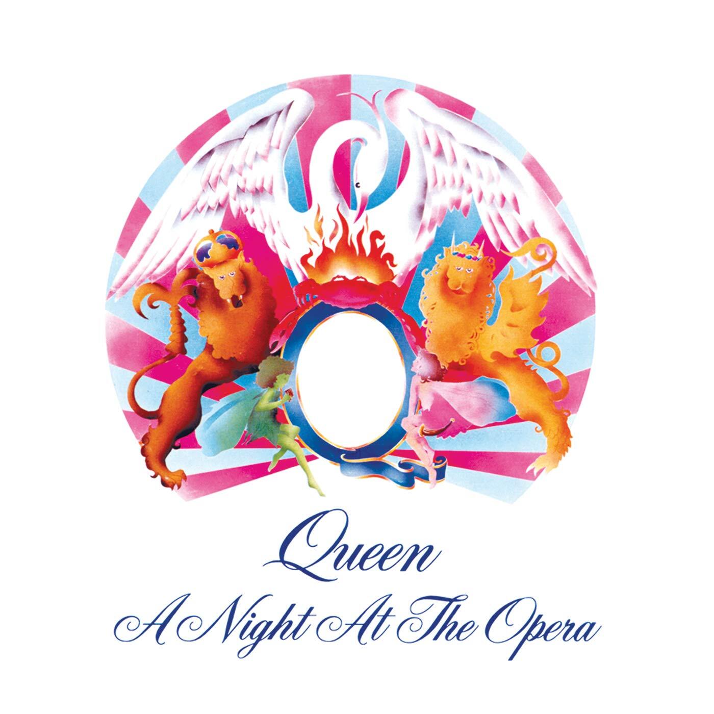 Ilustración abstracta y colorida en la que aparecen un cisne y dos leones con coronas, rodeados de llamas vibrantes. El texto debajo dice «Queen, A Night at The Opera» (Queen, Una noche en la ópera).