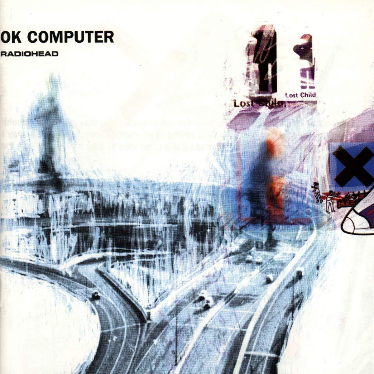 Portada abstracta del álbum «OK Computer» de Radiohead. Presenta una mezcla surrealista de figuras indistintas, una carretera borrosa y el texto «Lost Child» (Niño perdido). El ambiente es caótico y futurista.