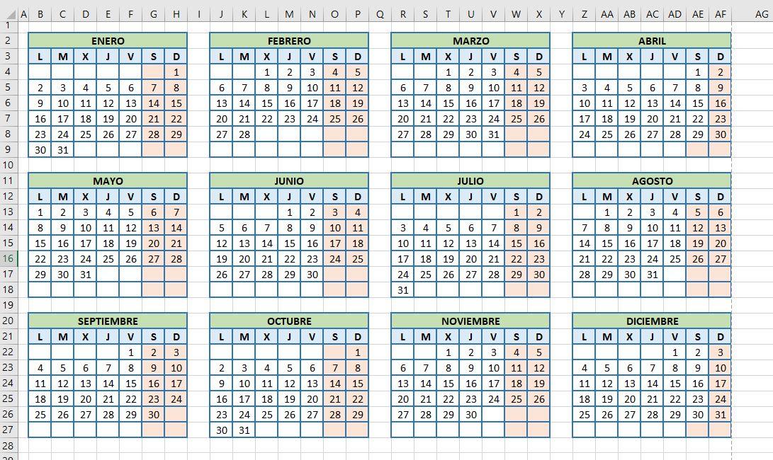 calendario trabajo excel