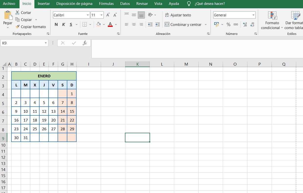 calendario en Excel paso a paso