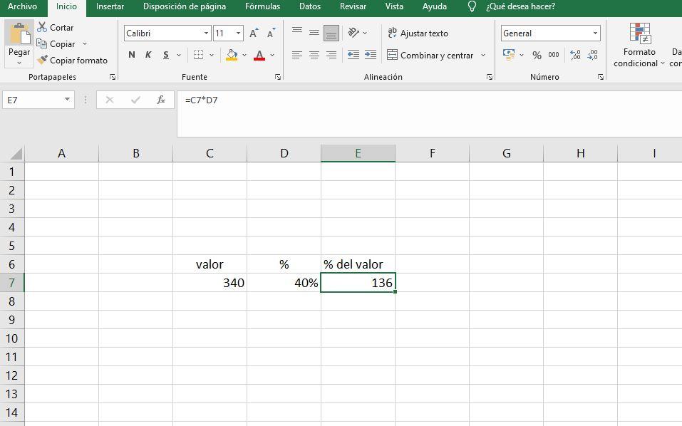 fórmula porcentaje excel