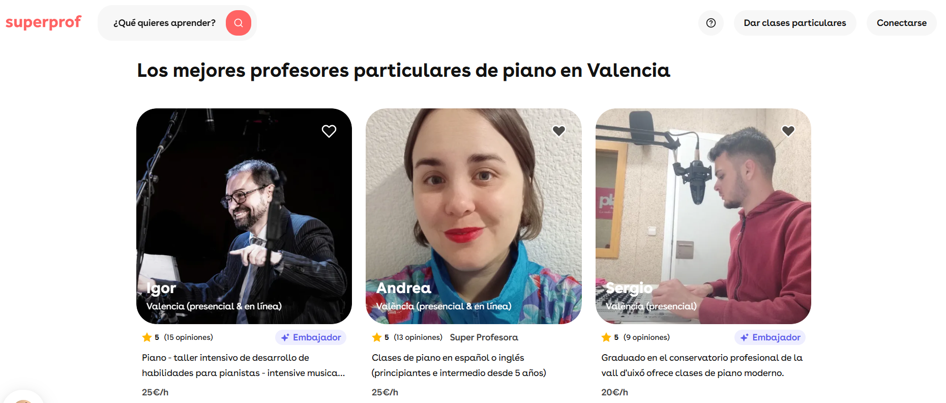Profesores de piano disponibles en la plataforma de Superprof.