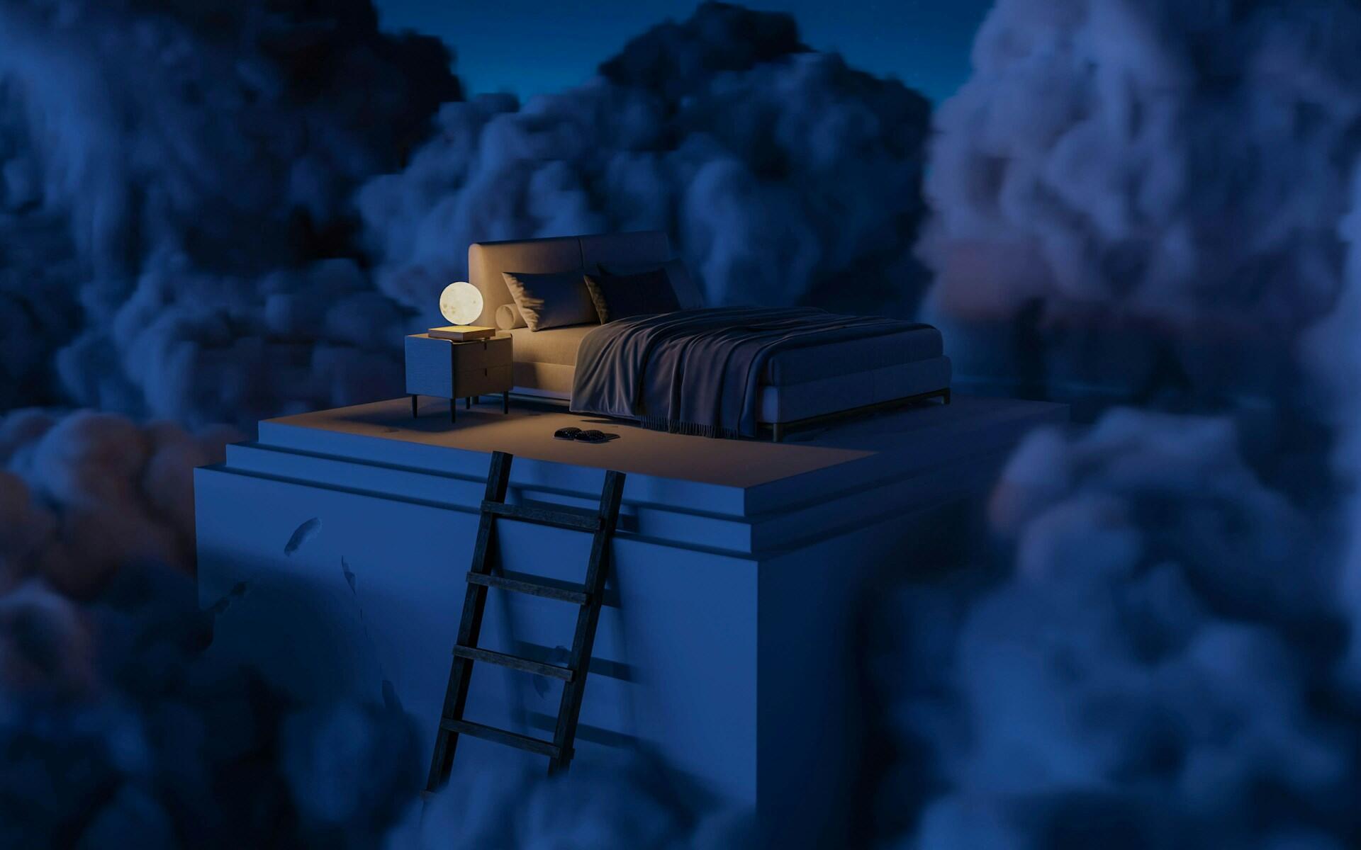 Una tranquila habitación flota sobre una plataforma rodeada de nubes, con una cómoda cama, una mesita de noche con una lámpara brillante y una escalera.