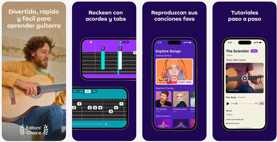 Interfaz de la aplicación que ofrece un aprendizaje divertido y rápido de la guitarra con acordes, tablaturas, canciones favoritas y tutoriales en vídeo paso a paso en español.