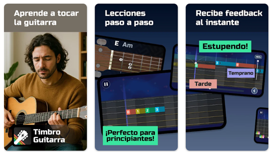 Capturas de pantalla de la aplicación Timbro Guitarra en las que se ve a un hombre tocando la guitarra, lecciones paso a paso y comentarios inmediatos sobre la precisión al tocar.