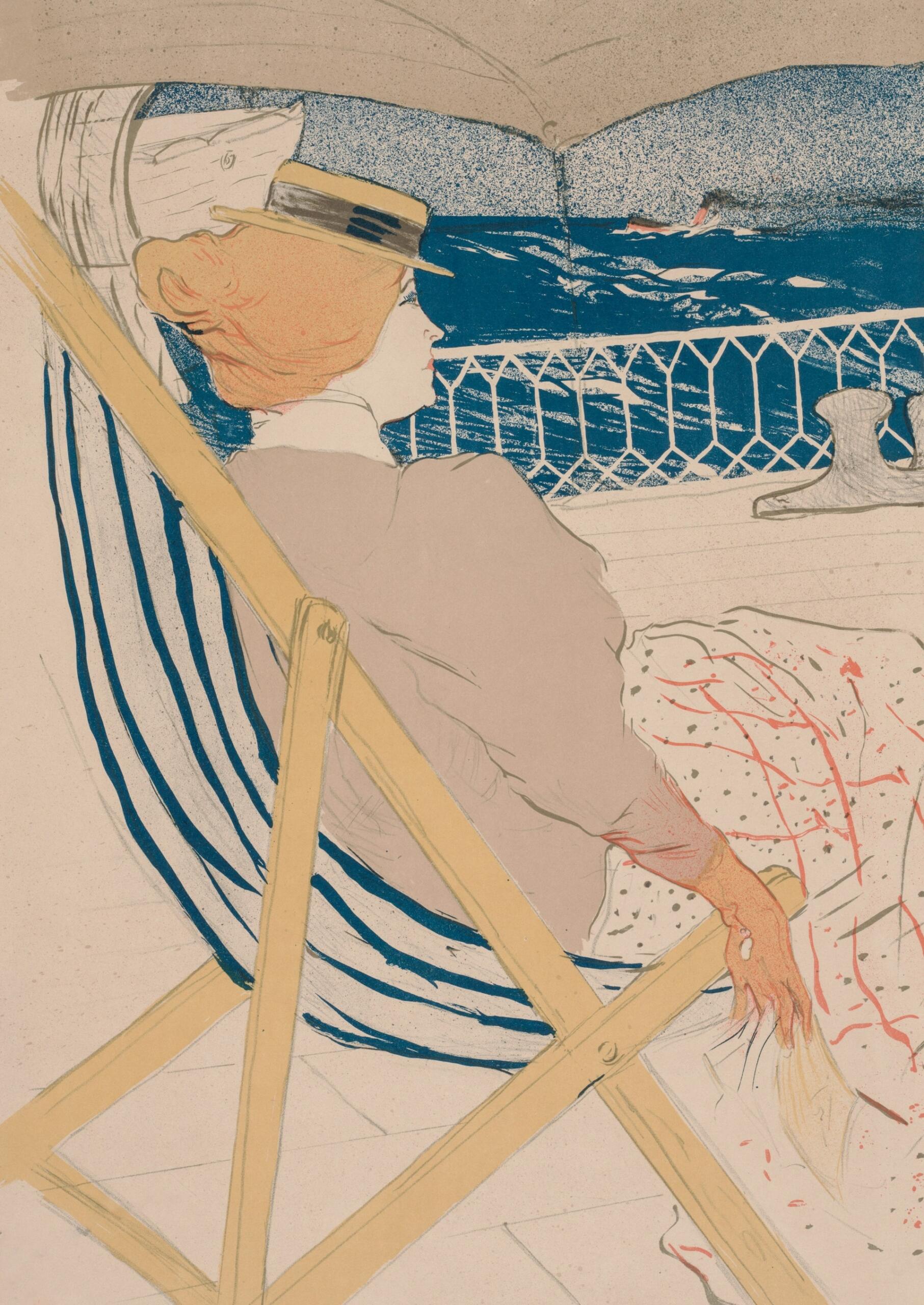 Una mujer con sombrero descansa en una tumbona a rayas a bordo de un barco, contemplando el océano. La escena transmite tranquilidad y ocio.