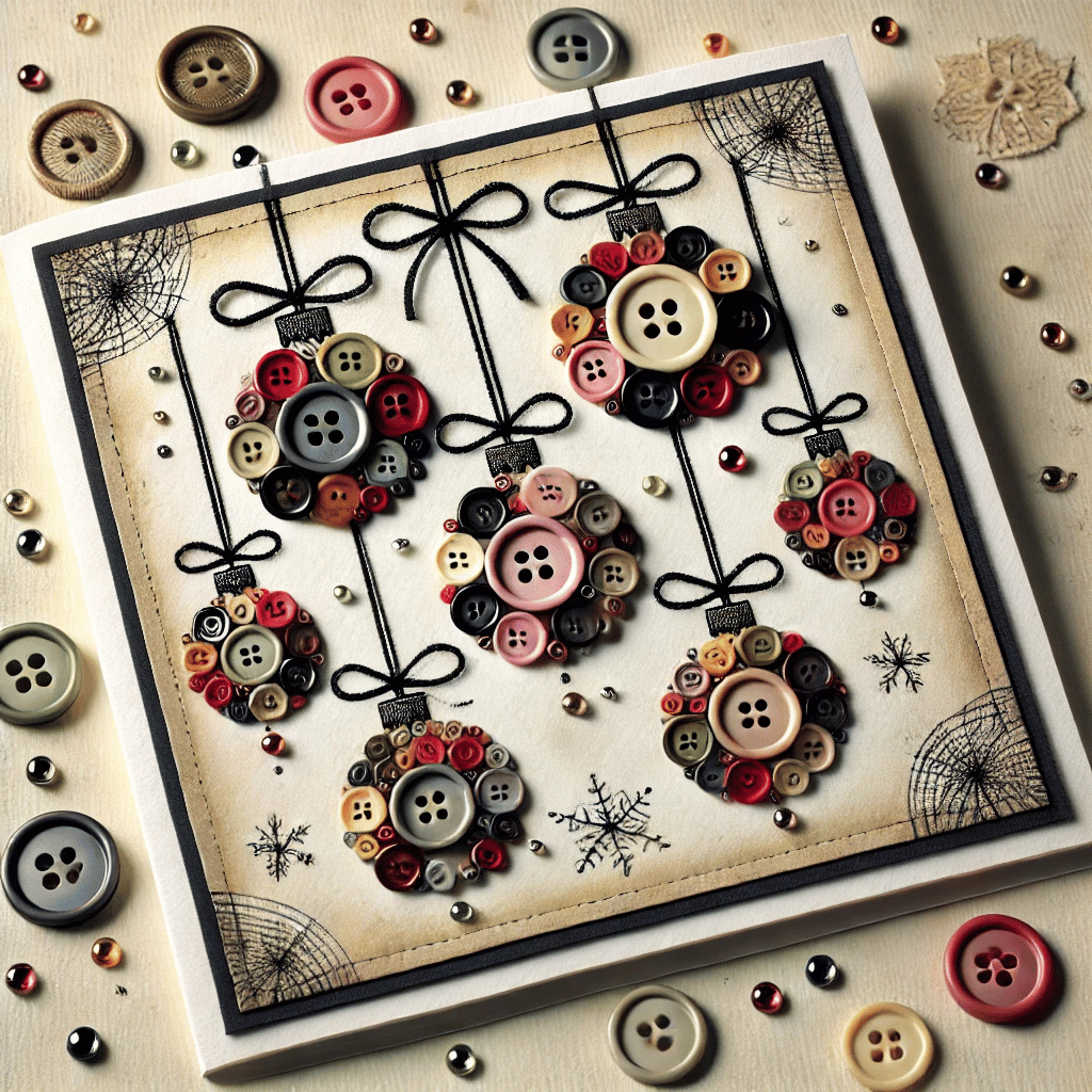 Botones surtidos dispuestos en forma de adorno colgante sobre una tarjeta festiva con abalorios.