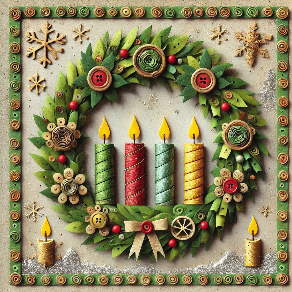 Una corona festiva con vegetación, velas y botones, elaborada en un estilo artístico de papel con texturas.