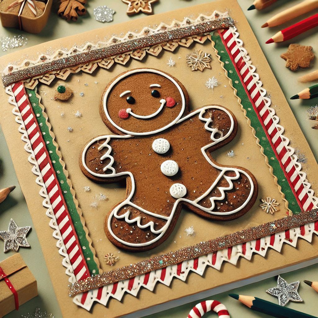 Un hombre de jengibre ilustrado con adornos festivos sobre un fondo que recuerda a una tarjeta navideña.