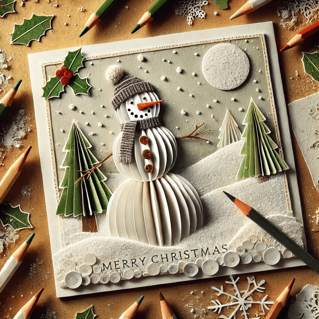 Tarjeta navideña de papel tridimensional con un muñeco de nieve, árboles y el texto «FELIZ NAVIDAD».