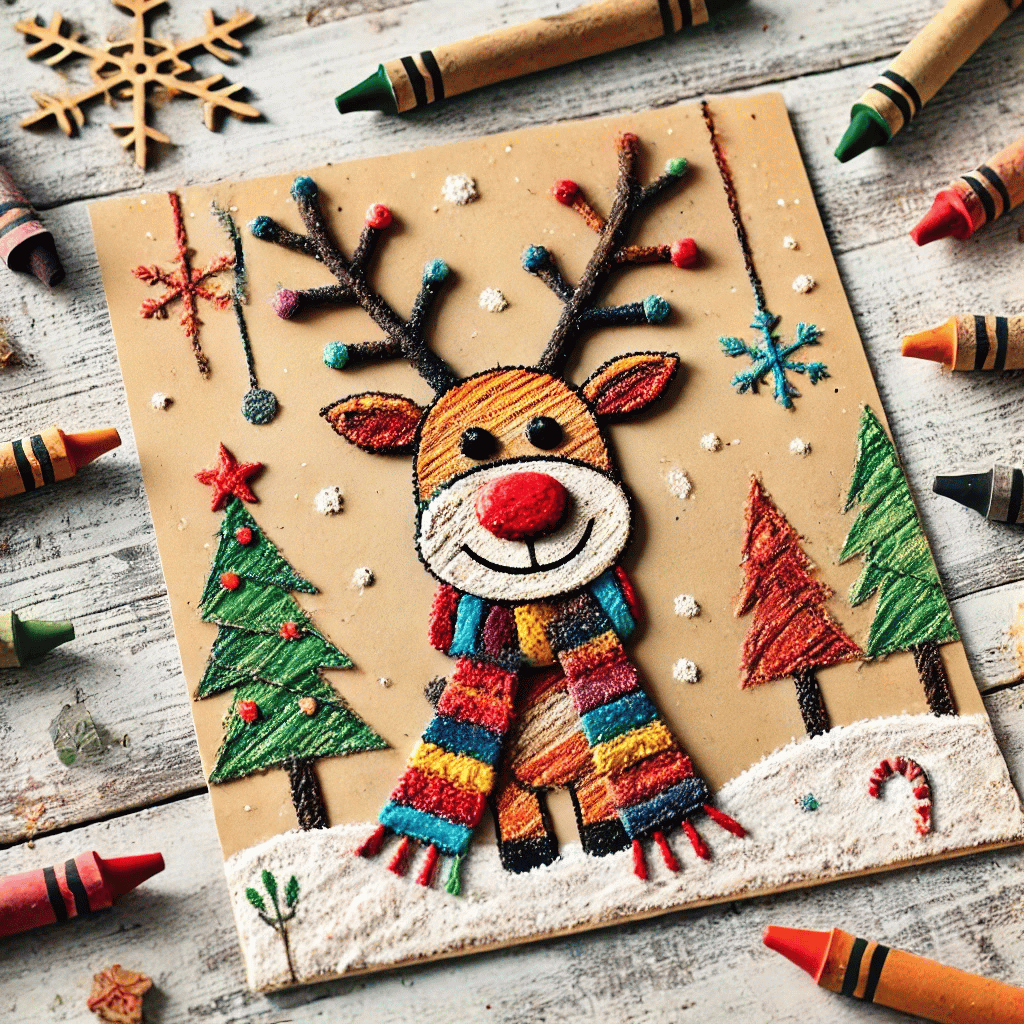 Dibujo a lápiz de un alegre reno con bufanda, rodeado de árboles de Navidad y copos de nieve.