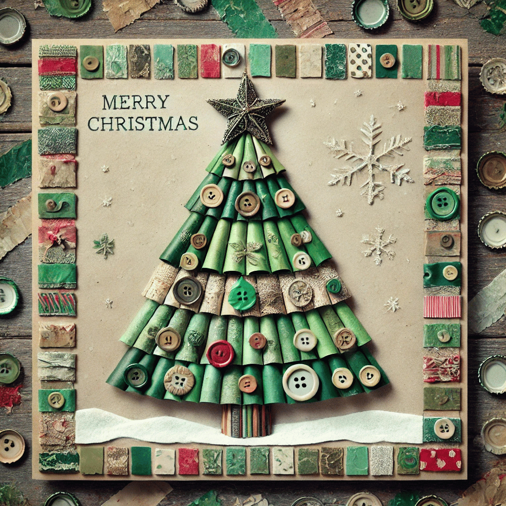 Tarjeta navideña con un árbol hecho de botones, rollos y tela de color verde sobre un fondo de papel craft.