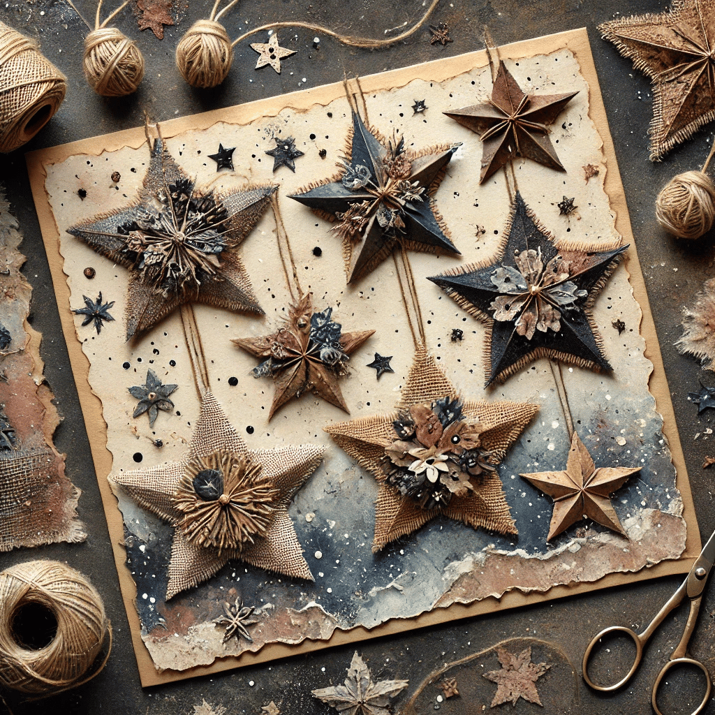 Estrellas rústicas hechas a mano con arpillera y plantas secas sobre papel vintage.