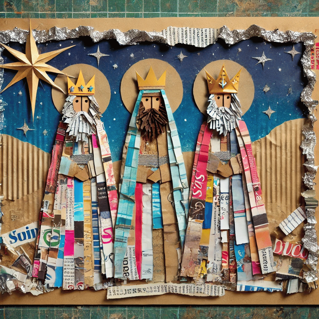 Collage de tres reyes magos realizado con técnicas mixtas, incluidos recortes de papel y cartón.