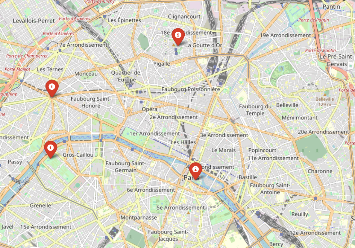 Mapa de París en el que se destacan varios barrios con marcadores rojos que indican puntos de información.