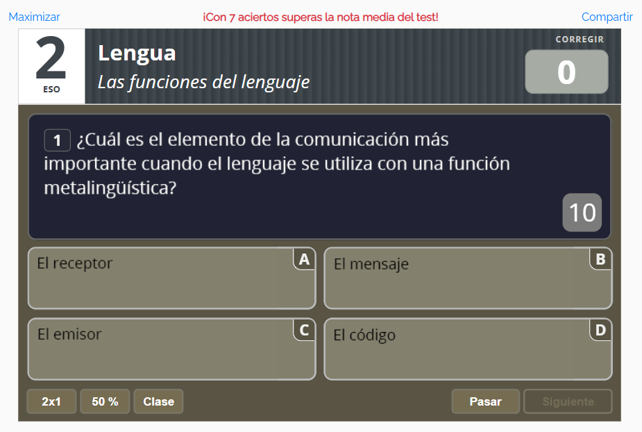 Interfaz de cuestionario para una clase de lengua, titulada «Las funciones del lenguaje», pregunta sobre el elemento clave de la comunicación en la función metalingüística. Opciones de respuesta: Receptor, Mensaje, Emisor, Código. Puntuación: 0.