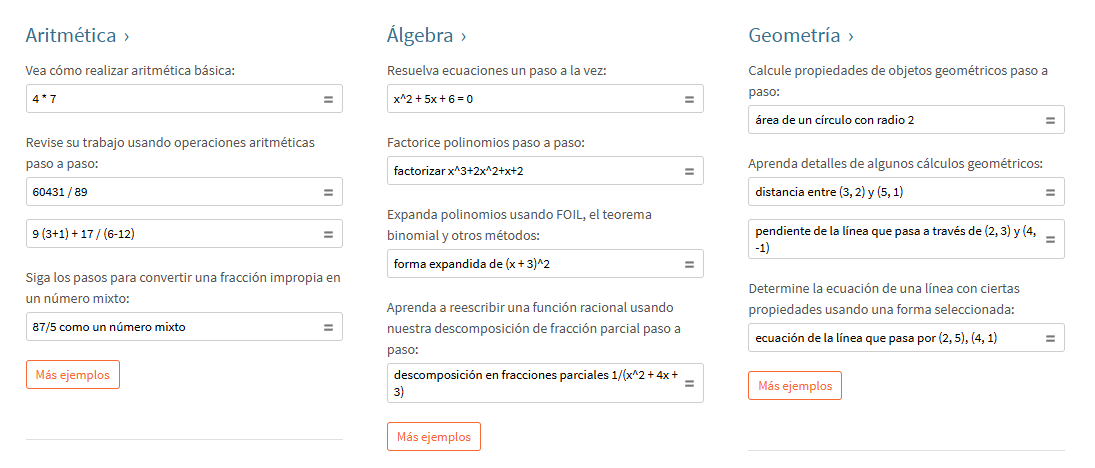 Interfaz educativa con secciones dedicadas a aritmética, álgebra y geometría. Cada sección incluye ejemplos de problemas y campos de entrada para realizar cálculos, con especial atención a la orientación paso a paso para resolver problemas matemáticos. El diseño transmite un tono organizado e instructivo, con el objetivo de facilitar el aprendizaje.