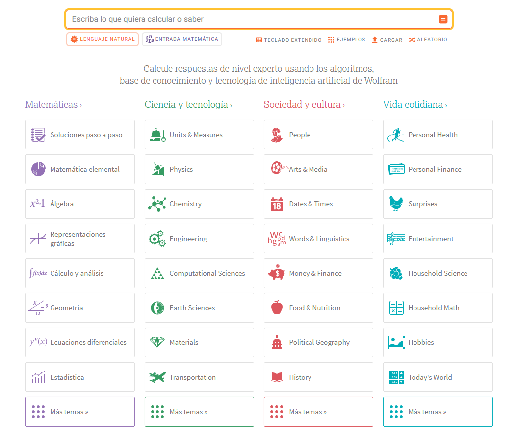 Interfaz de búsqueda con categorías para Matemáticas, Ciencia y Tecnología, Sociedad y Cultura, y Vida cotidiana. Cada una tiene opciones en las que se puede hacer clic.