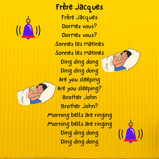 Letra ilustrada de «Frère Jacques» en francés e inglés sobre un fondo amarillo. Muestra figuras durmiendo y campanas sonando, lo que transmite una sensación de calma y ritmo.