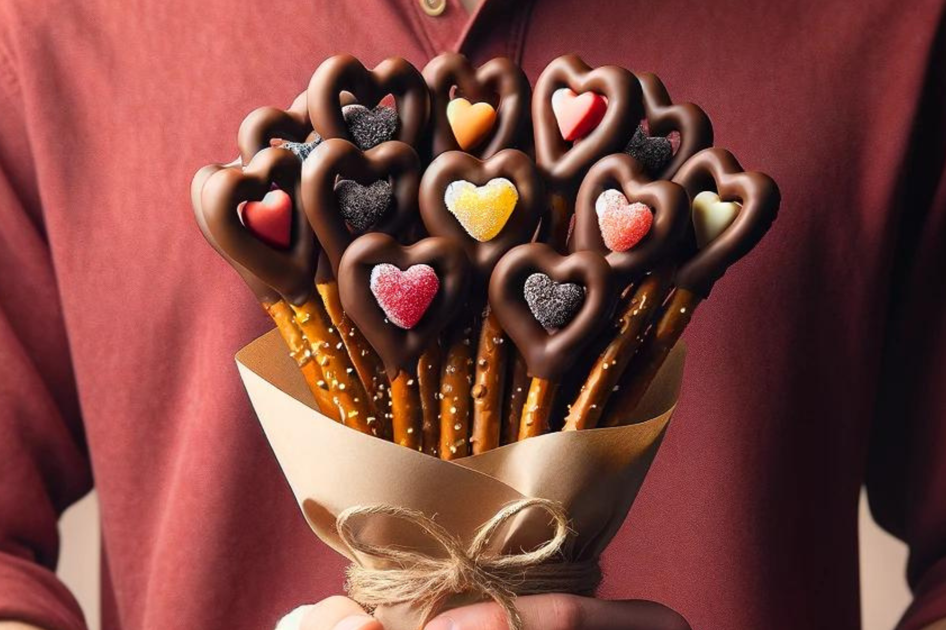 un ramo de chocolate con pretzels