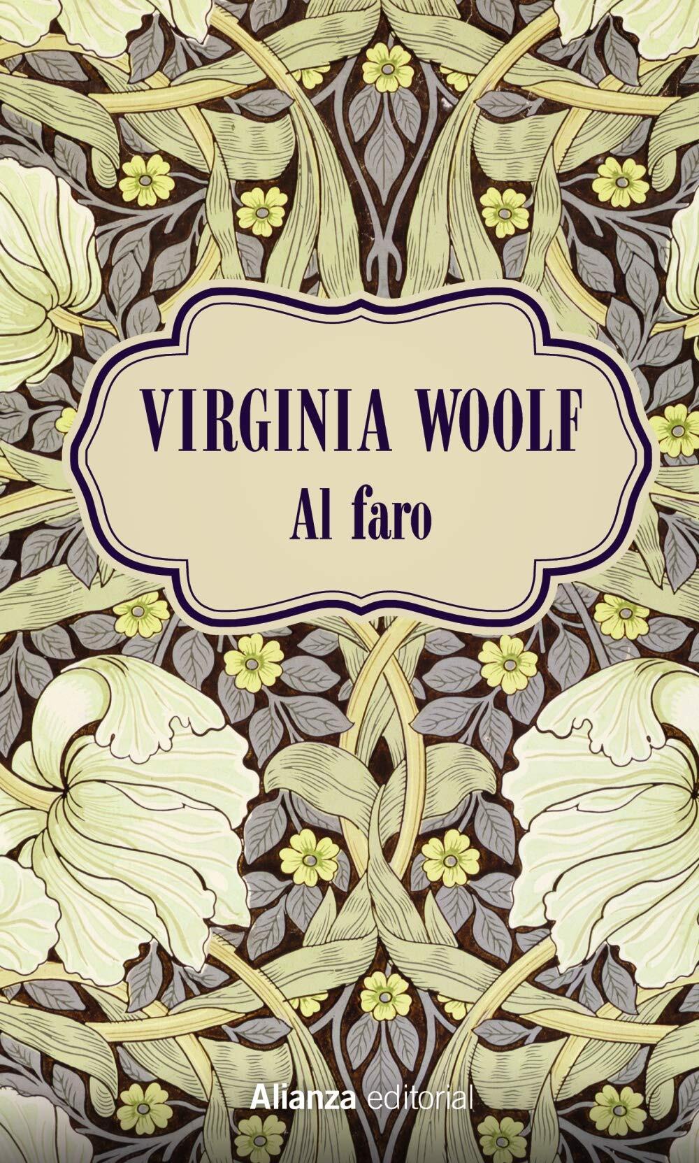 Portada floral para «Al faro», de Virginia Woolf, con intrincadas flores amarillas y crema con hojas verdes sobre un fondo oscuro. Elegante y clásica.
