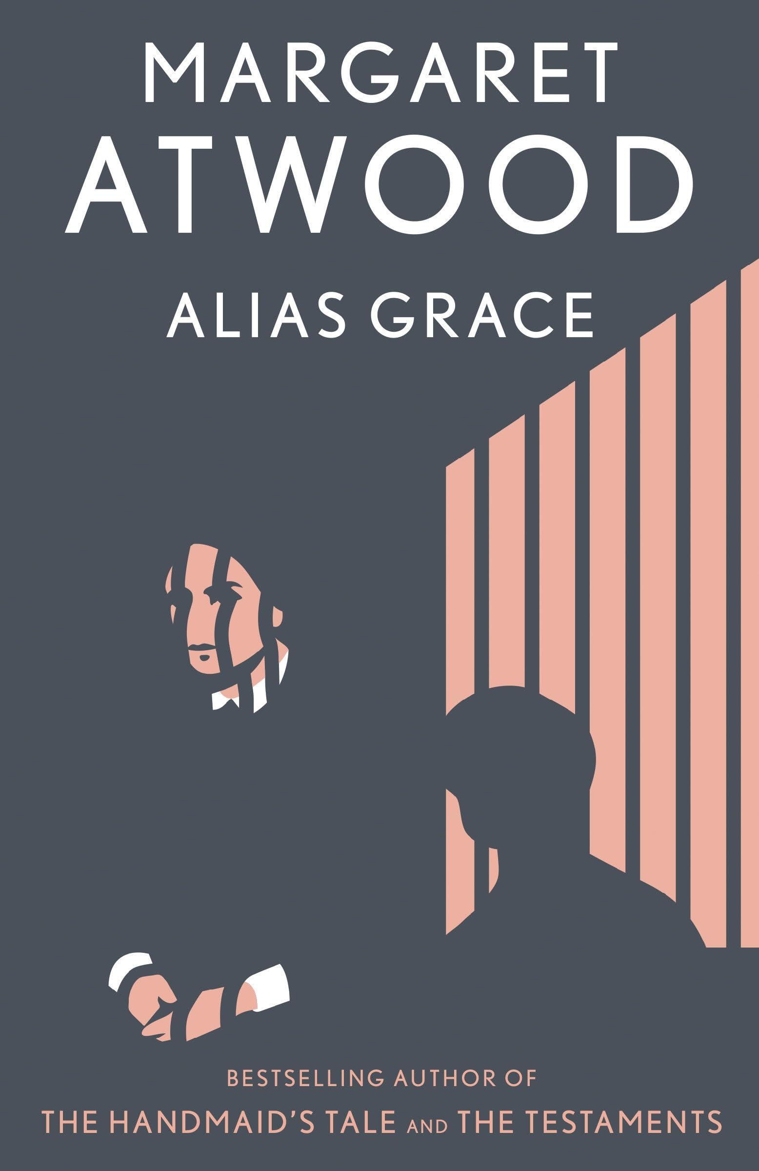 Portada del libro «Alias Grace», de Margaret Atwood. Presenta figuras minimalistas y abstractas y rayas diagonales rosas sobre un fondo oscuro. El ambiente es misterioso.