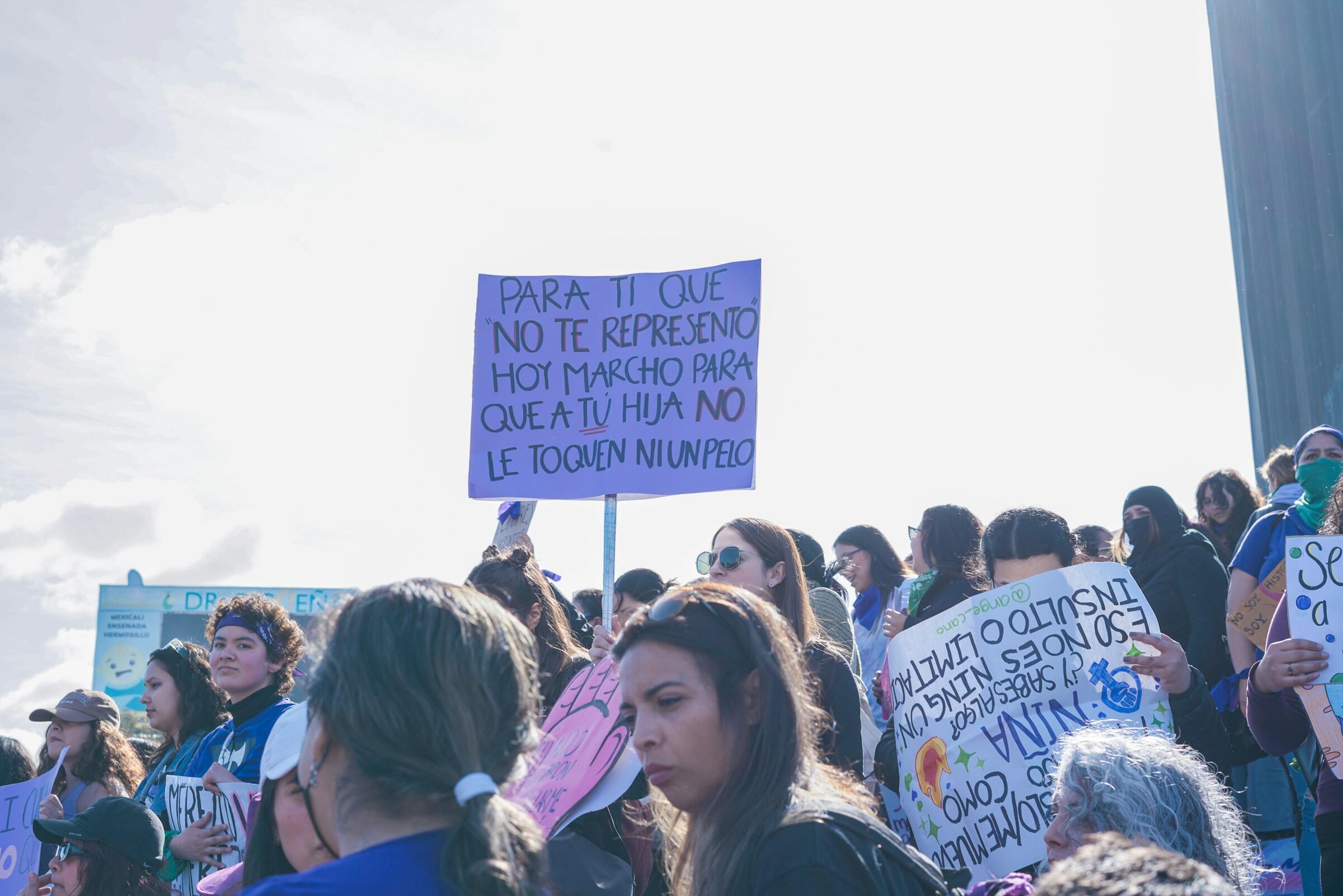 Una multitud de personas en una manifestación sostiene carteles coloridos, abogando por los derechos y la protección de las mujeres, bajo un cielo despejado.