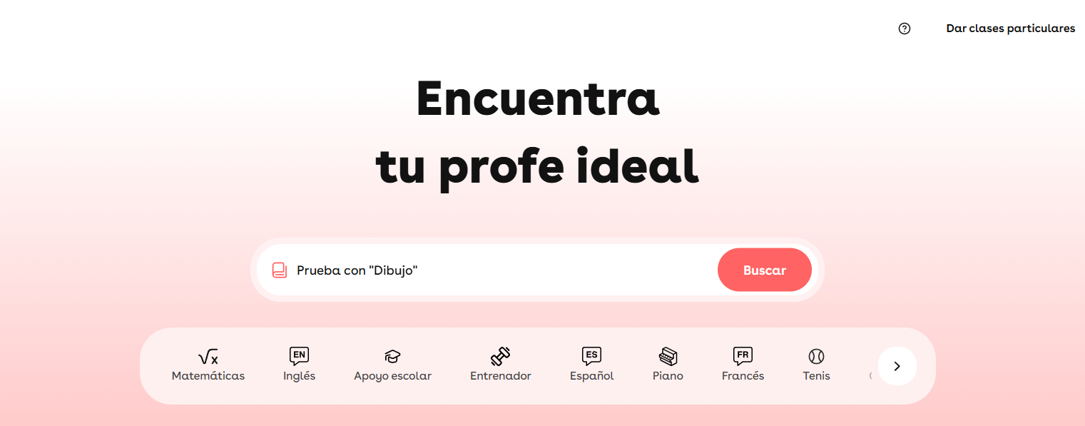 Una página web con un degradado rosa en la que aparece el texto «Encuentra tu profe ideal» encima de una barra de búsqueda. Debajo hay iconos que representan materias como Matemáticas, Inglés y Piano.
