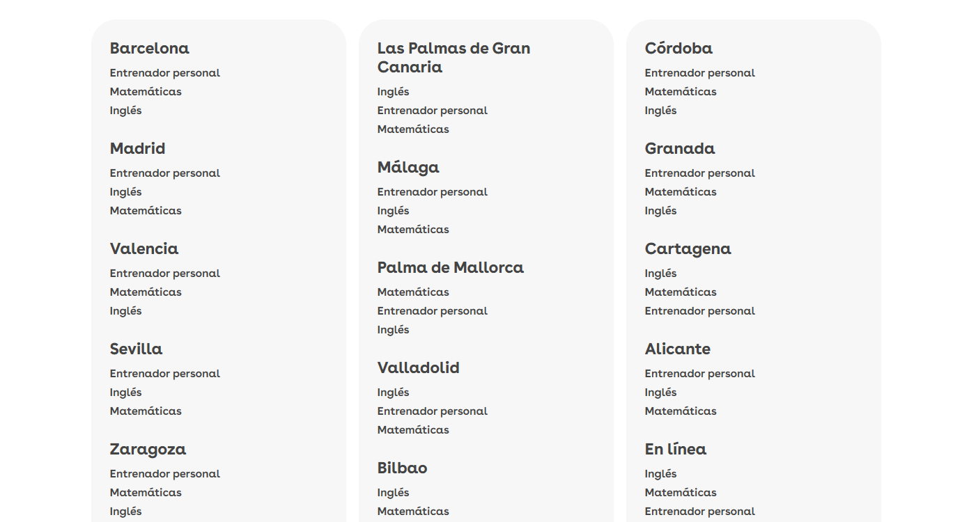 Lista de tres columnas con ciudades españolas que ofrecen servicios de entrenador personal, clases de matemáticas y de inglés. Incluye opciones en línea. Ciudades: Barcelona, Madrid, Valencia, etc.