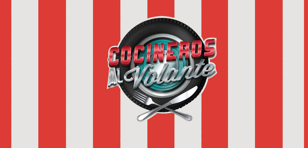 Logotipo de «Cocineros al Volante», con un diseño de neumático, cubiertos plateados y texto en rojo intenso sobre un fondo rayado.