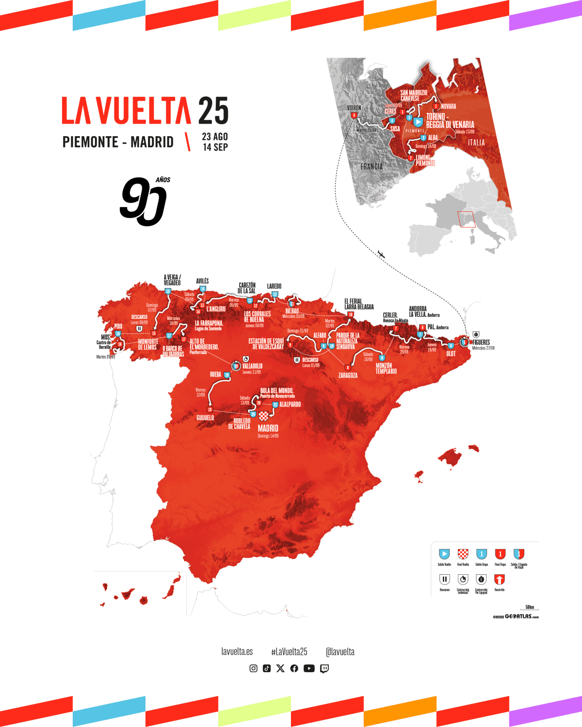 Mapa de La Vuelta 25, en el que se destaca el recorrido desde Piamonte hasta Madrid, con las etapas y los lugares clave del 23 de agosto al 14 de septiembre.