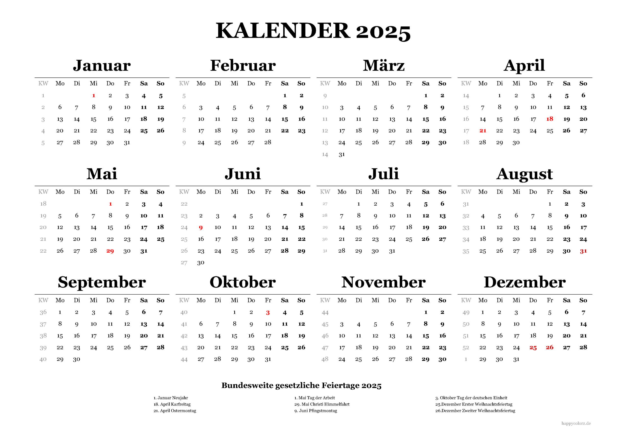 Un calendario detallado para el año 2025, que muestra meses, días de la semana y días festivos en alemán.