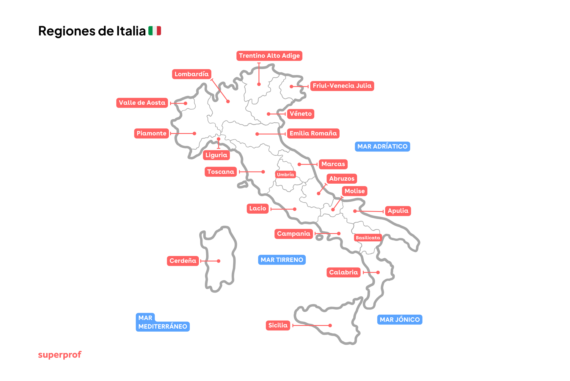 mapa ilustrado con las 20 regiones de italia