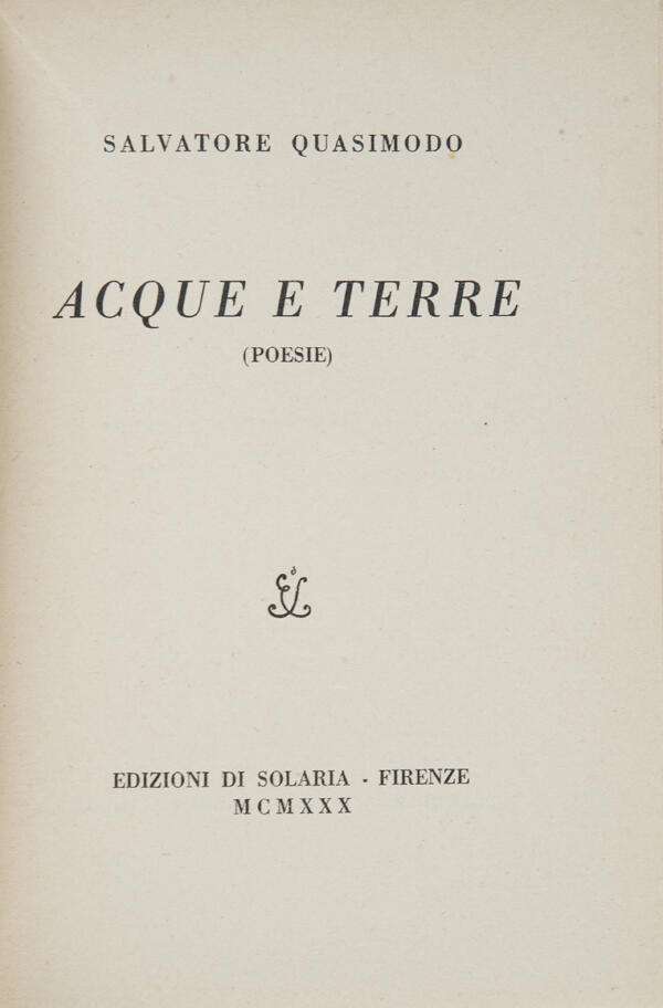Portada del libro de poesía «Acque e Terre» de Salvatore Quasimodo, publicado por Edizioni di Solaria en Florencia, 1930. Diseño minimalista.