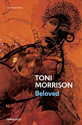 La portada abstracta de «Beloved», de Toni Morrison, muestra una figura oscura y expresiva con líneas onduladas sobre un fondo naranja con textura. Emocionante e intensa.