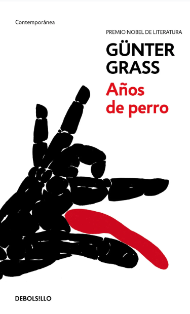 Portada de «Años de Perro», de Günter Grass, con formas abstractas negras que recuerdan a una mano superpuesta con un arco rojo, lo que transmite un tono artístico y atrevido.