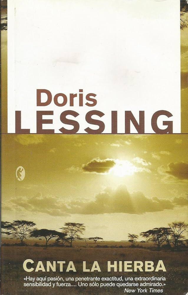 La portada de «Canta la Hierba», de Doris Lessing, muestra un sereno paisaje africano con acacias recortadas contra una brillante puesta de sol o un amanecer.
